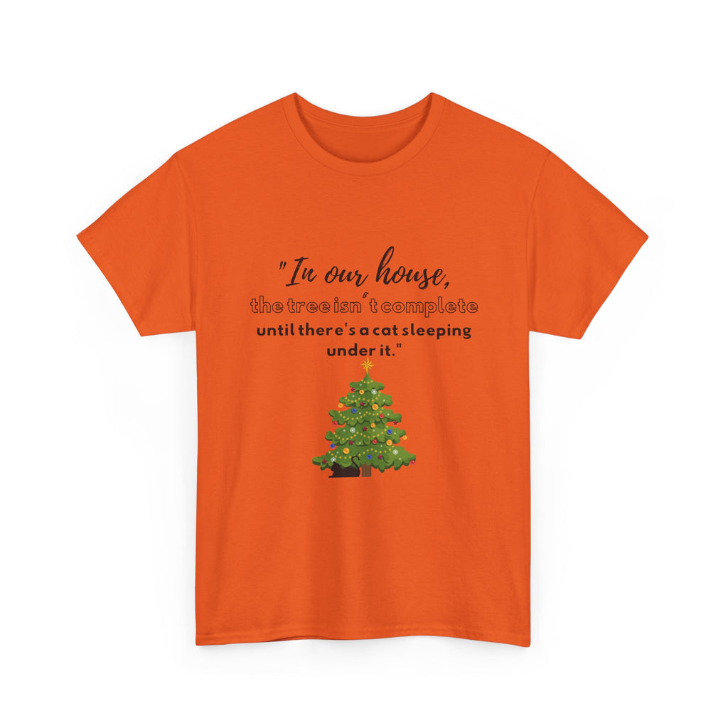 Christmas Tree Cat T‑Shirt — "In our house, the tree is manageable until there's a cat sleeping under it."